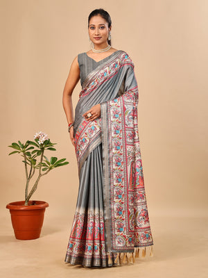 Peachmode Grey Madhubani Print Soft Tussar Silk Saree - Image 1