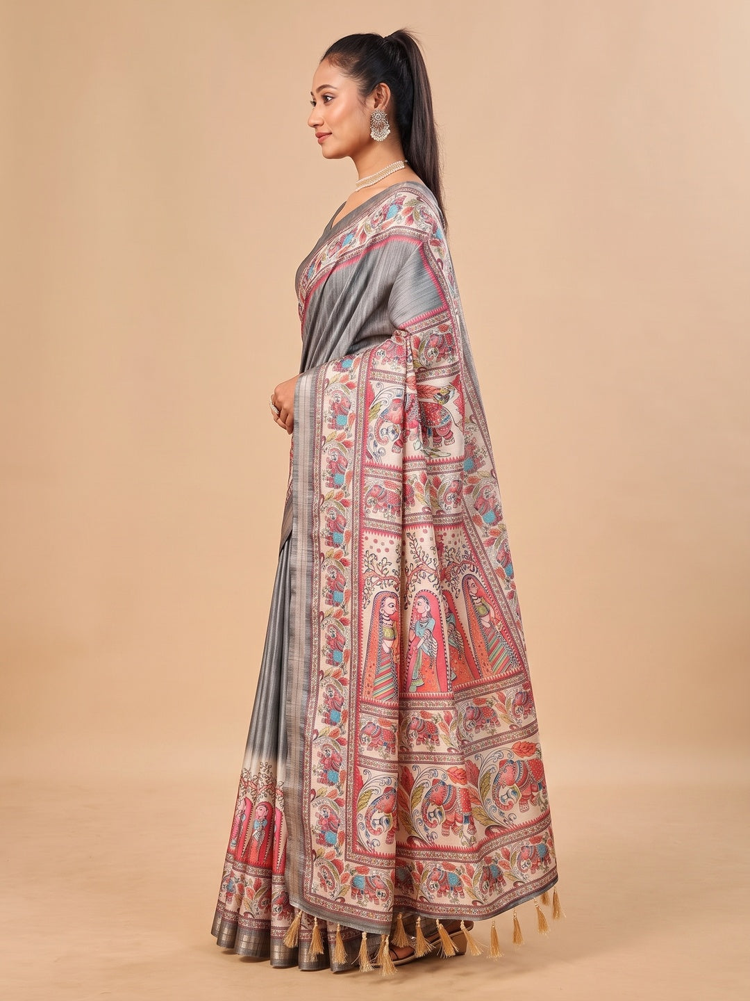 Peachmode Grey Madhubani Print Soft Tussar Silk Saree - Image 5