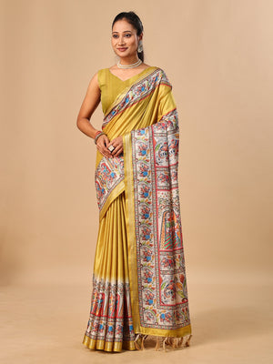 Peachmode Mustard Madhubani Print Soft Tussar Silk Saree - Image 1