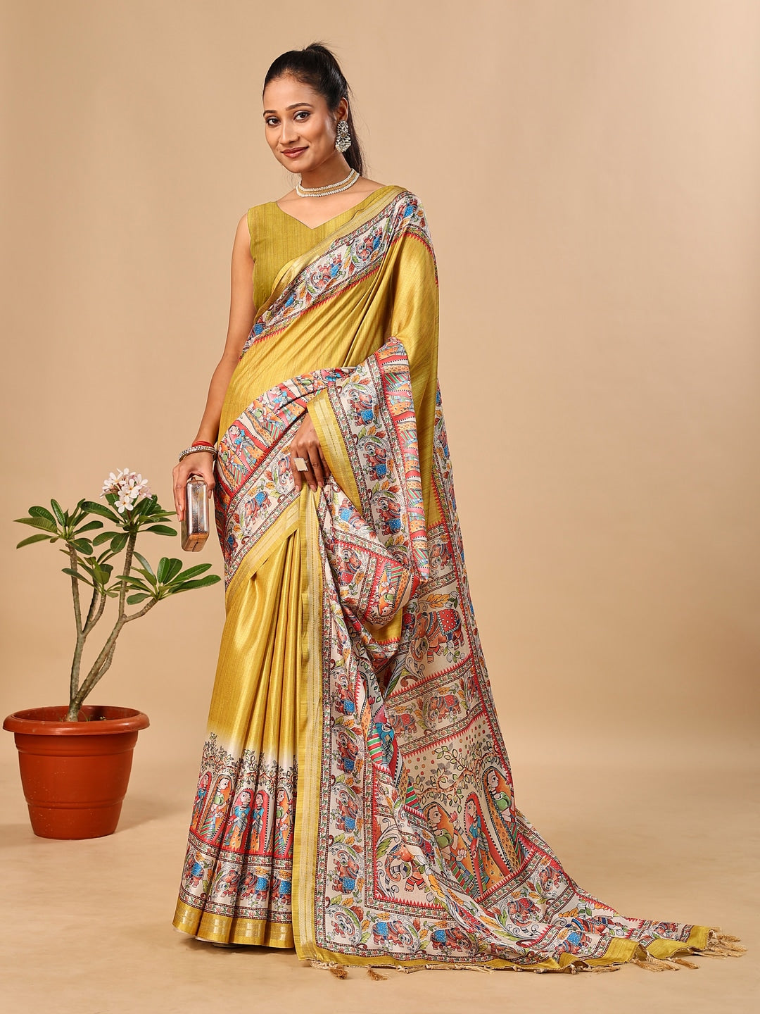 Peachmode Mustard Madhubani Print Soft Tussar Silk Saree - Image 4
