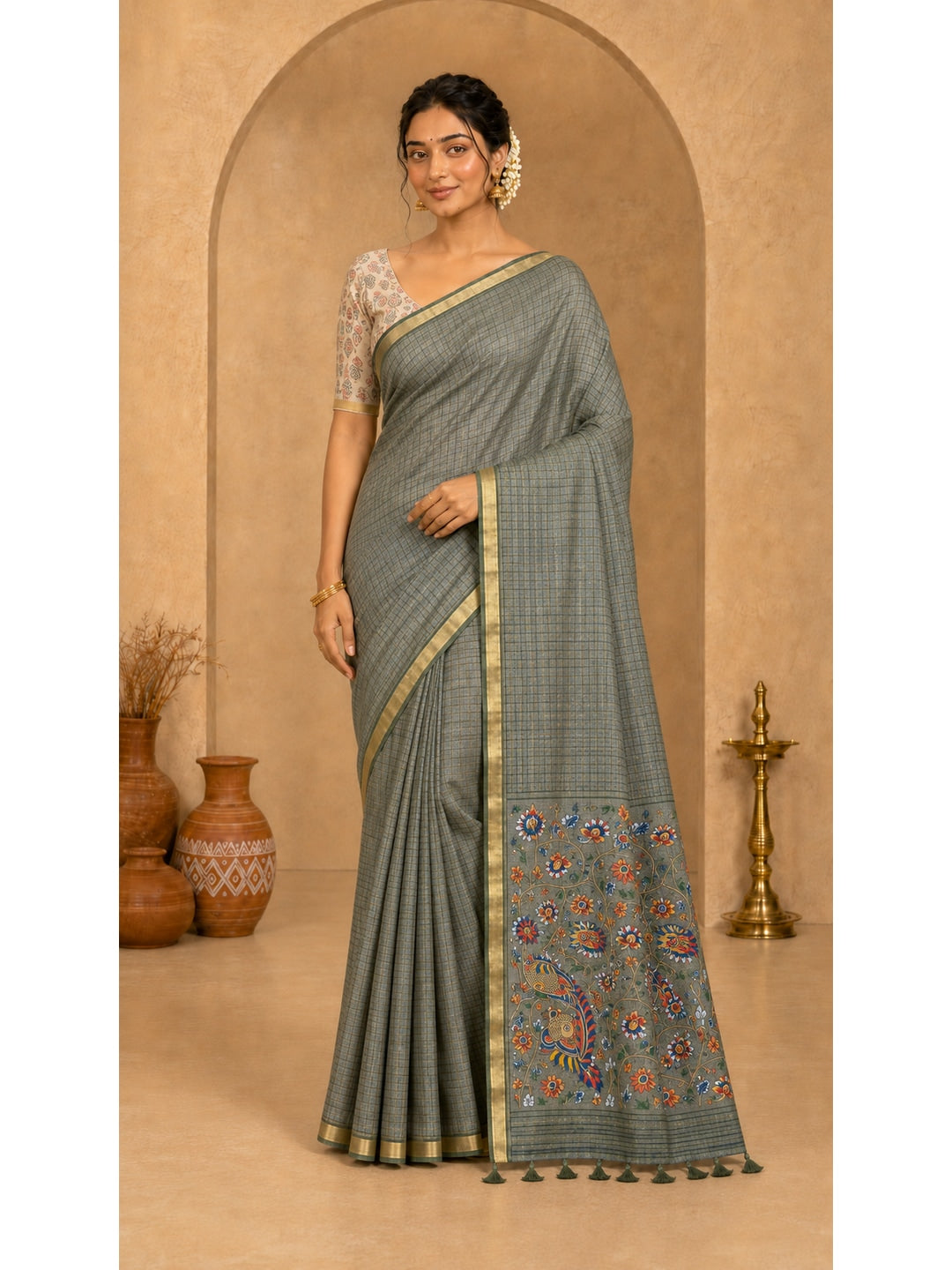 Peachmode Grey Digital Printed Linen Cotton Saree - Image 1