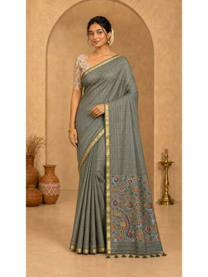 Peachmode Grey Digital Printed Linen Cotton Saree - Image 1