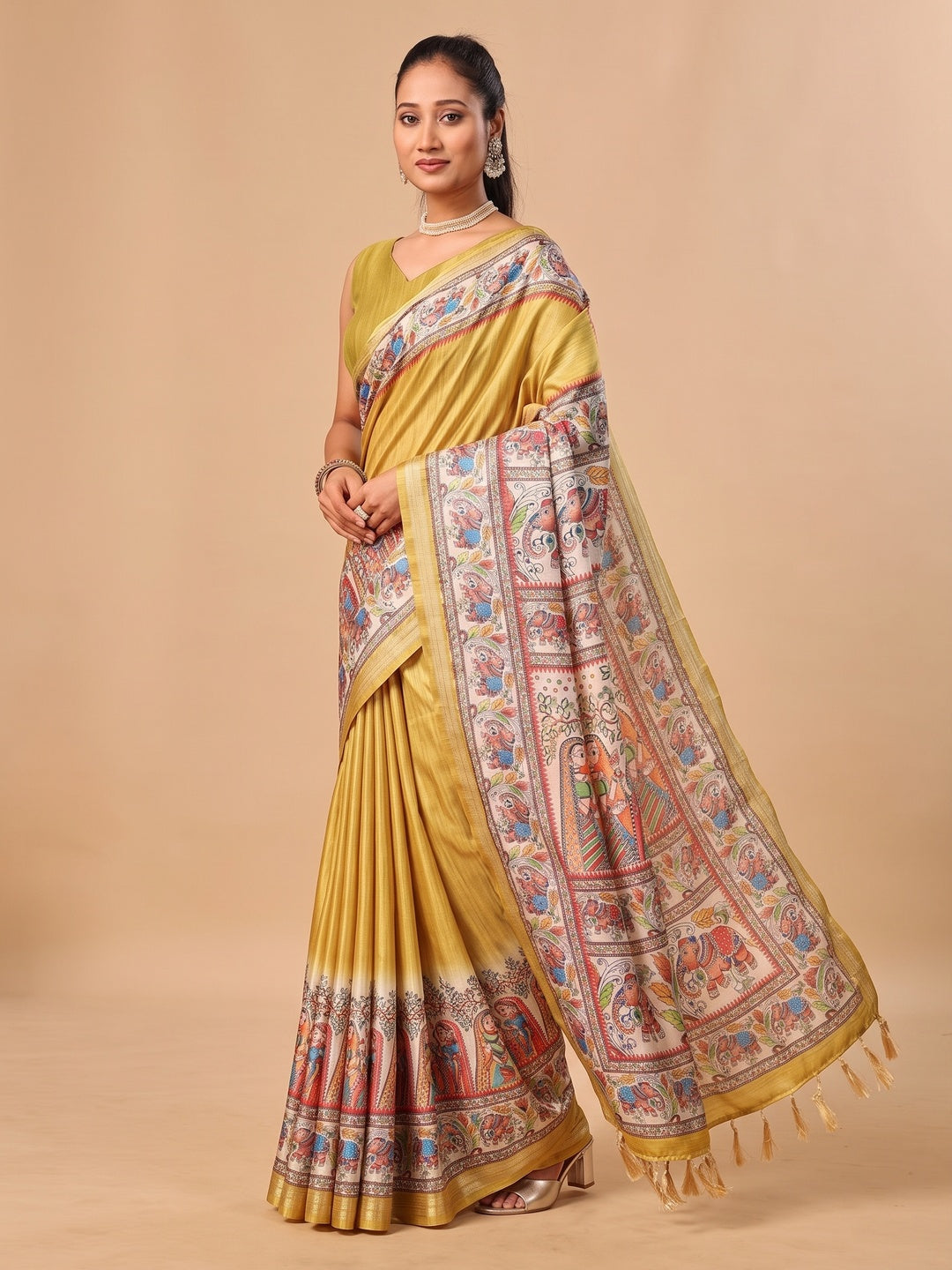 Peachmode Mustard Madhubani Print Soft Tussar Silk Saree - Image 5