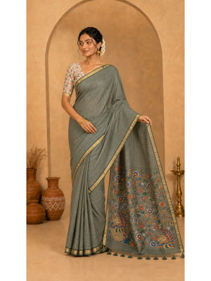 Peachmode Grey Digital Printed Linen Cotton Saree - Image 2