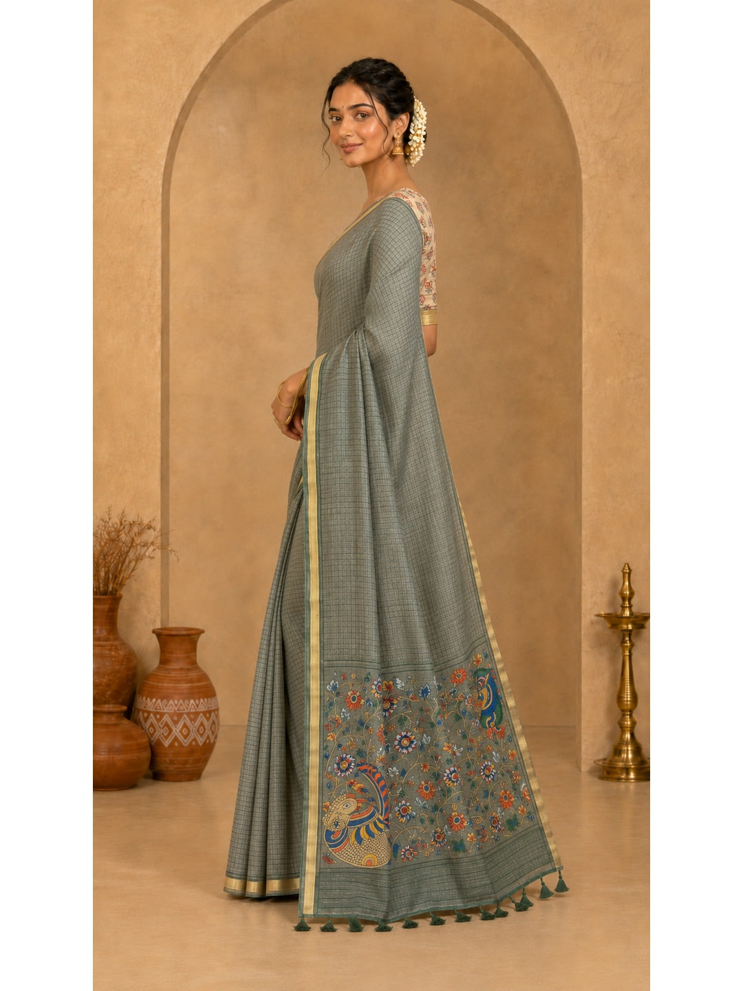 Peachmode Grey Digital Printed Linen Cotton Saree - Image 3