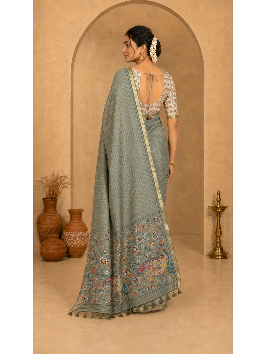 Peachmode Grey Digital Printed Linen Cotton Saree - Image 4