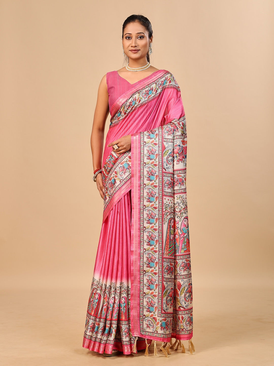 Peachmode Pink Madhubani Print Soft Tussar Silk Saree - Image 1