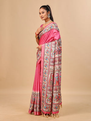 Peachmode Pink Madhubani Print Soft Tussar Silk Saree - Image 2