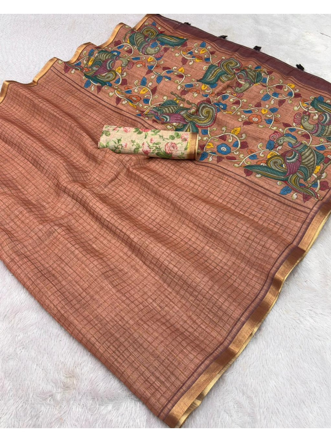 Peachmode Peach Digital Printed Linen Cotton Saree - Image 5