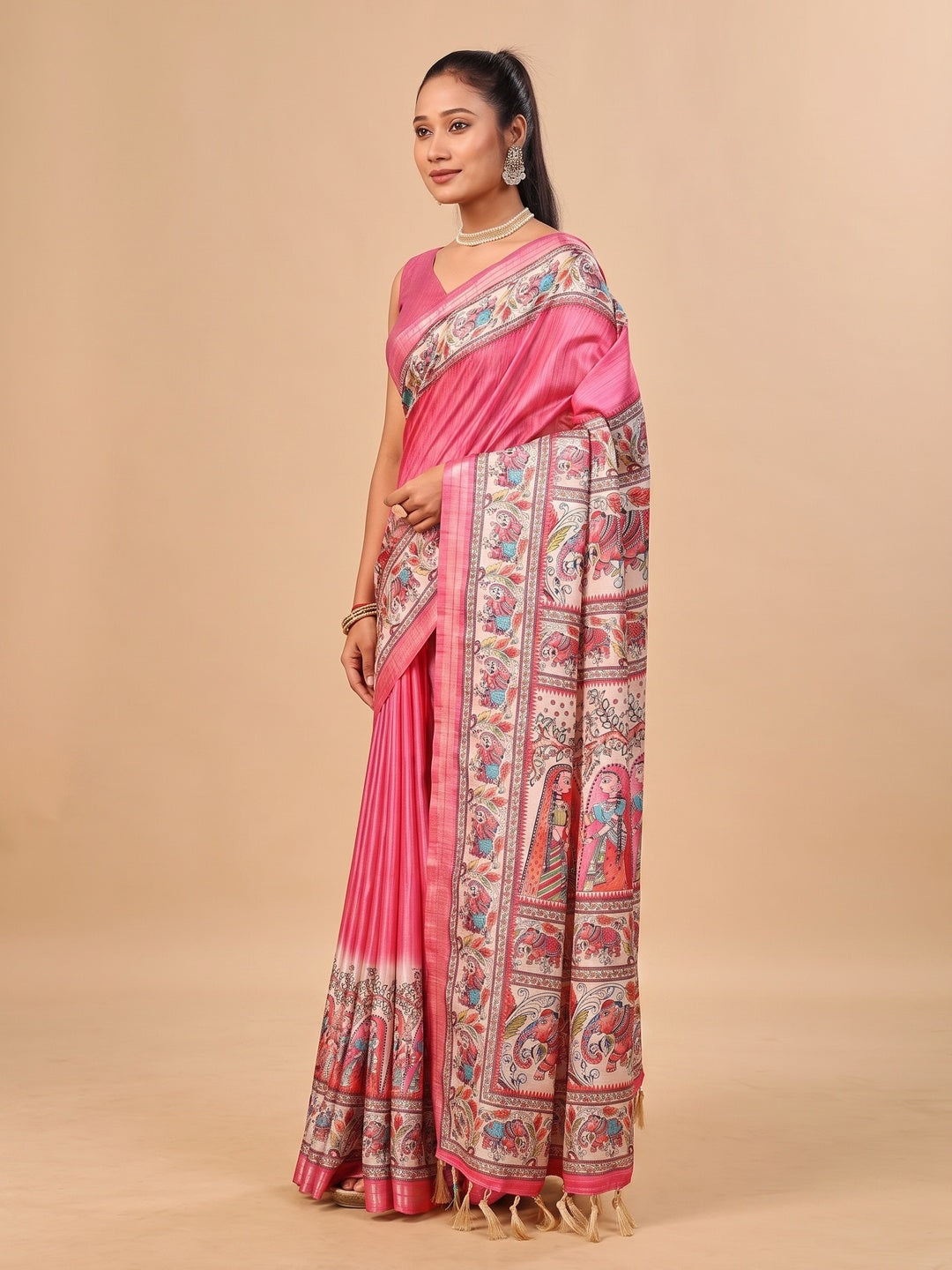Peachmode Pink Madhubani Print Soft Tussar Silk Saree - Image 5