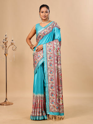 Peachmode Rama Green Madhubani Print Soft Tussar Silk Saree - Image 1