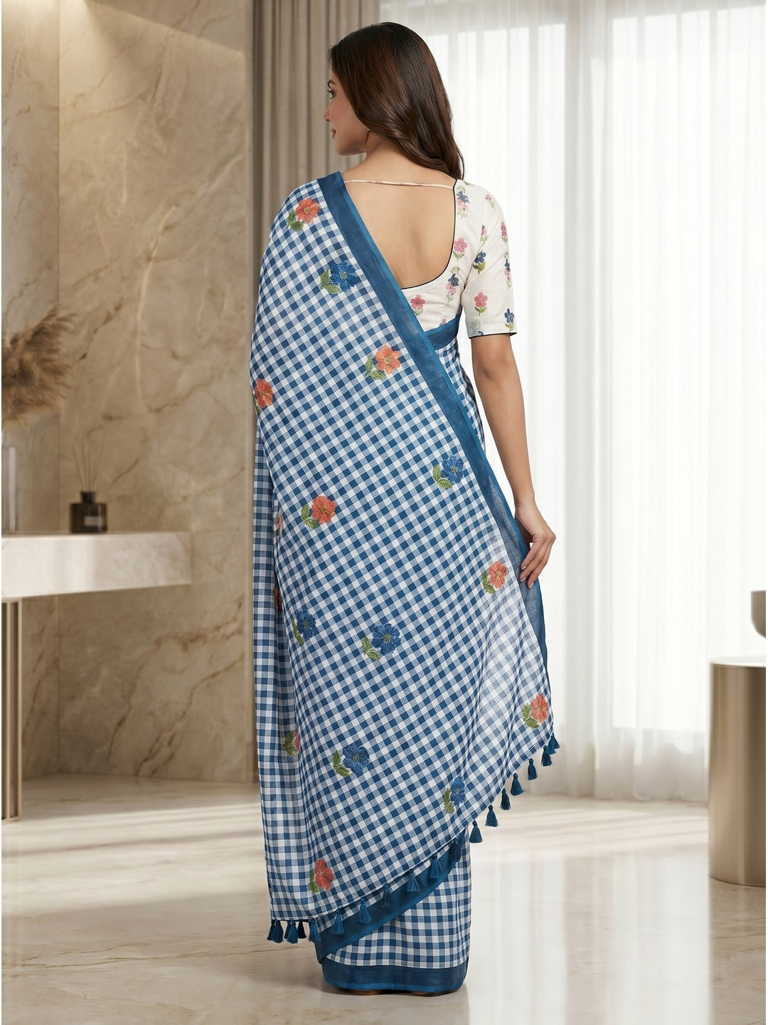 Peachmode Blue Checked Floral Linen Cotton Saree - Image 4