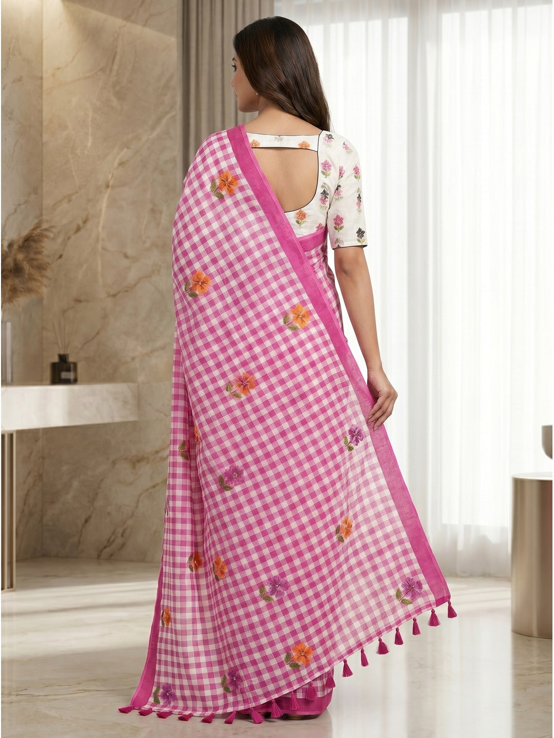 Peachmode Pink Checked Floral Linen Cotton Saree - Image 4