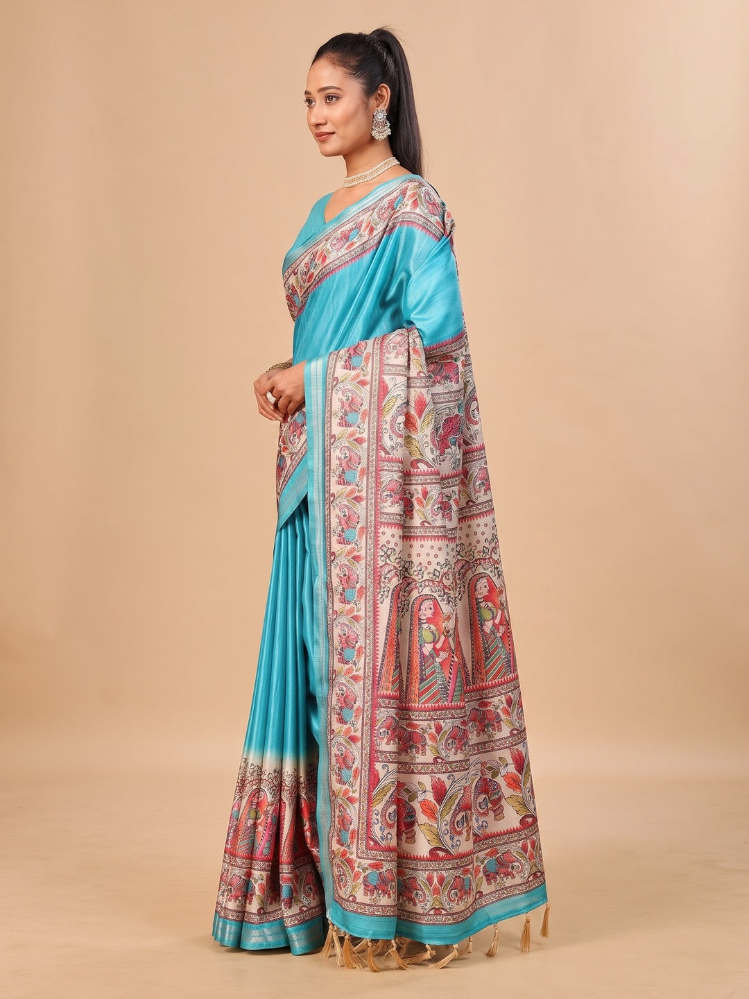 Peachmode Rama Green Madhubani Print Soft Tussar Silk Saree - Image 5