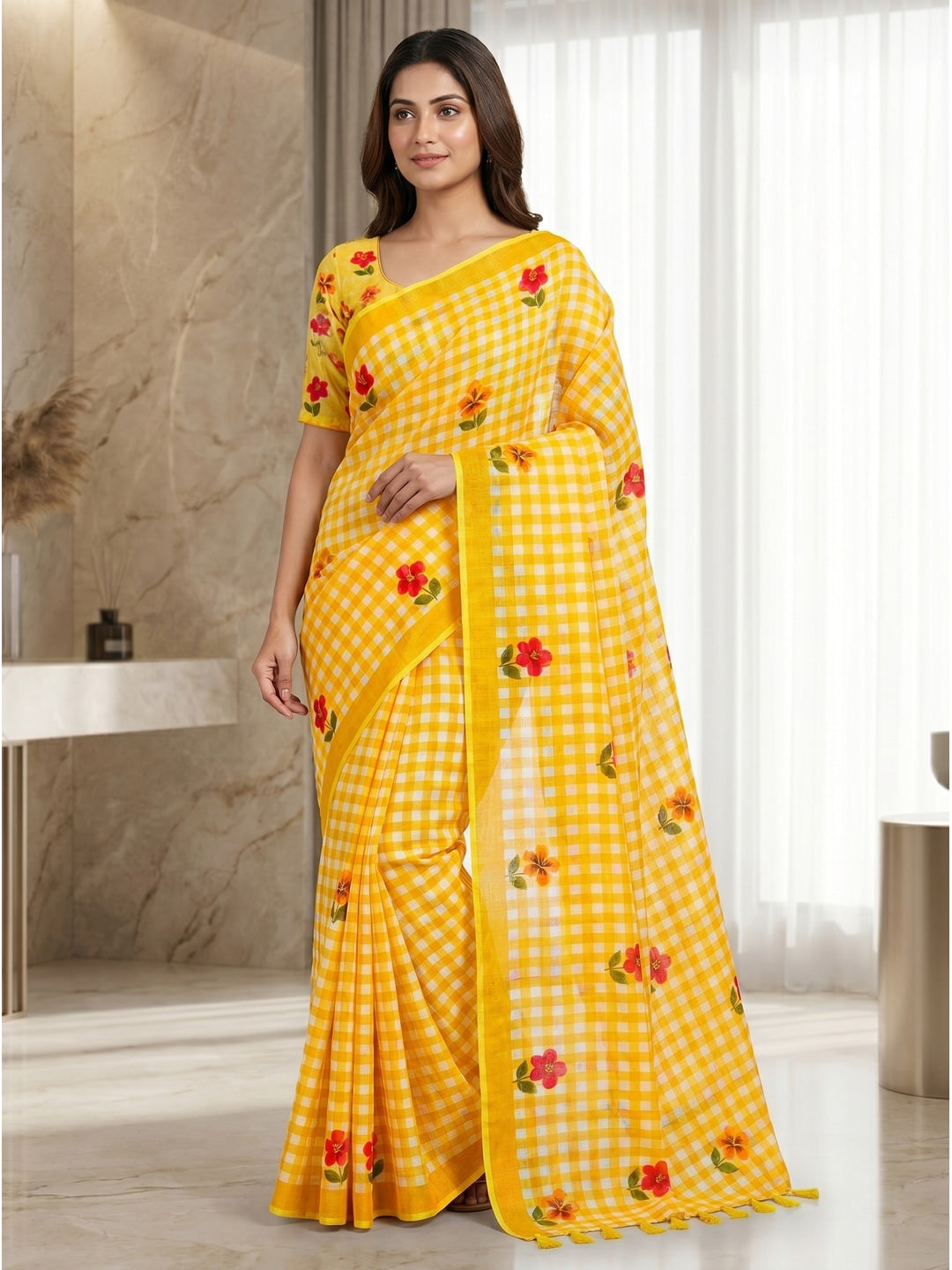 Peachmode Yellow Checked Floral Linen Cotton Saree - Image 1