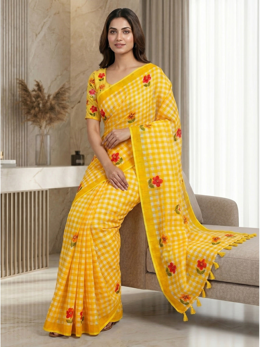 Peachmode Yellow Checked Floral Linen Cotton Saree - Image 2
