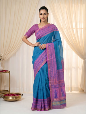 Peachmode Blue Fancy Digital Printed Linen Cotton Saree - Image 2