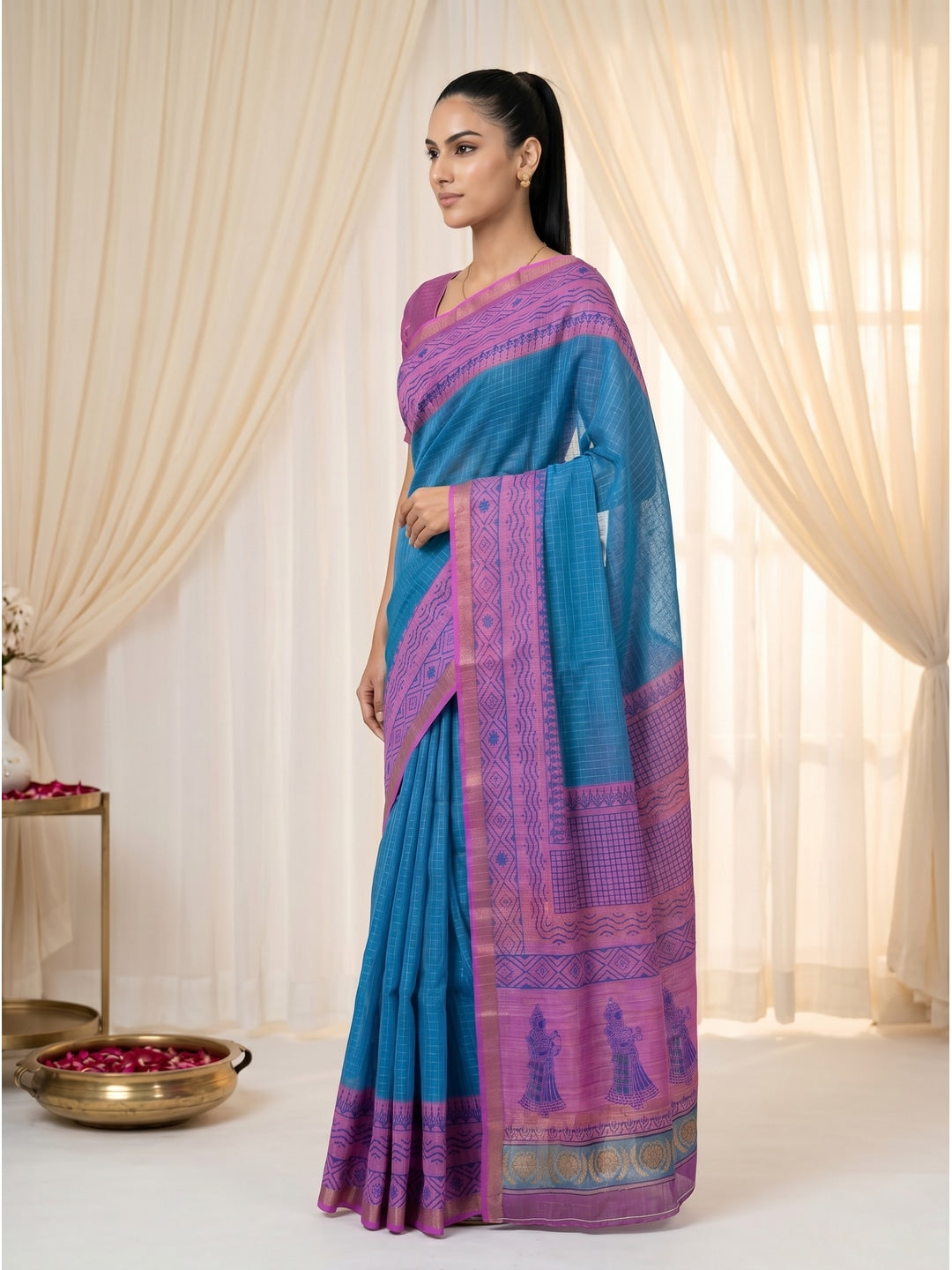 Peachmode Blue Fancy Digital Printed Linen Cotton Saree - Image 3