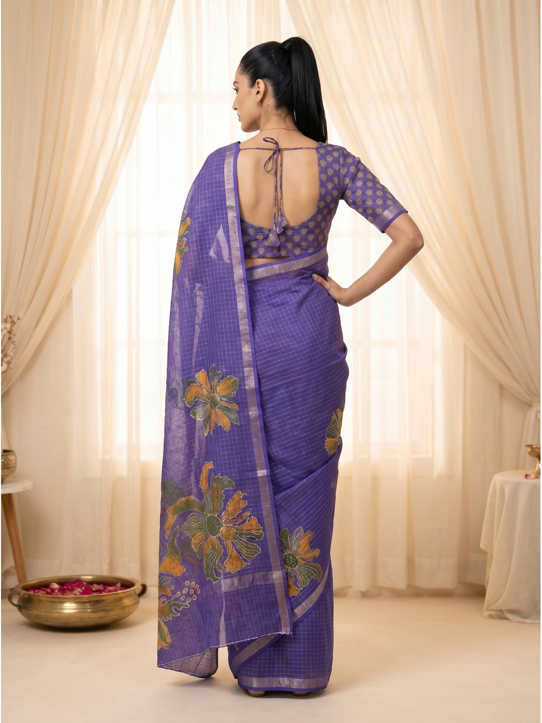 Peachmode Purple Floral Printed Linen Cotton Saree - Image 4