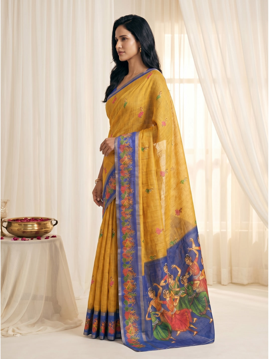 Peachmode Mustard Digital Printed Linen Cotton Saree - Image 3