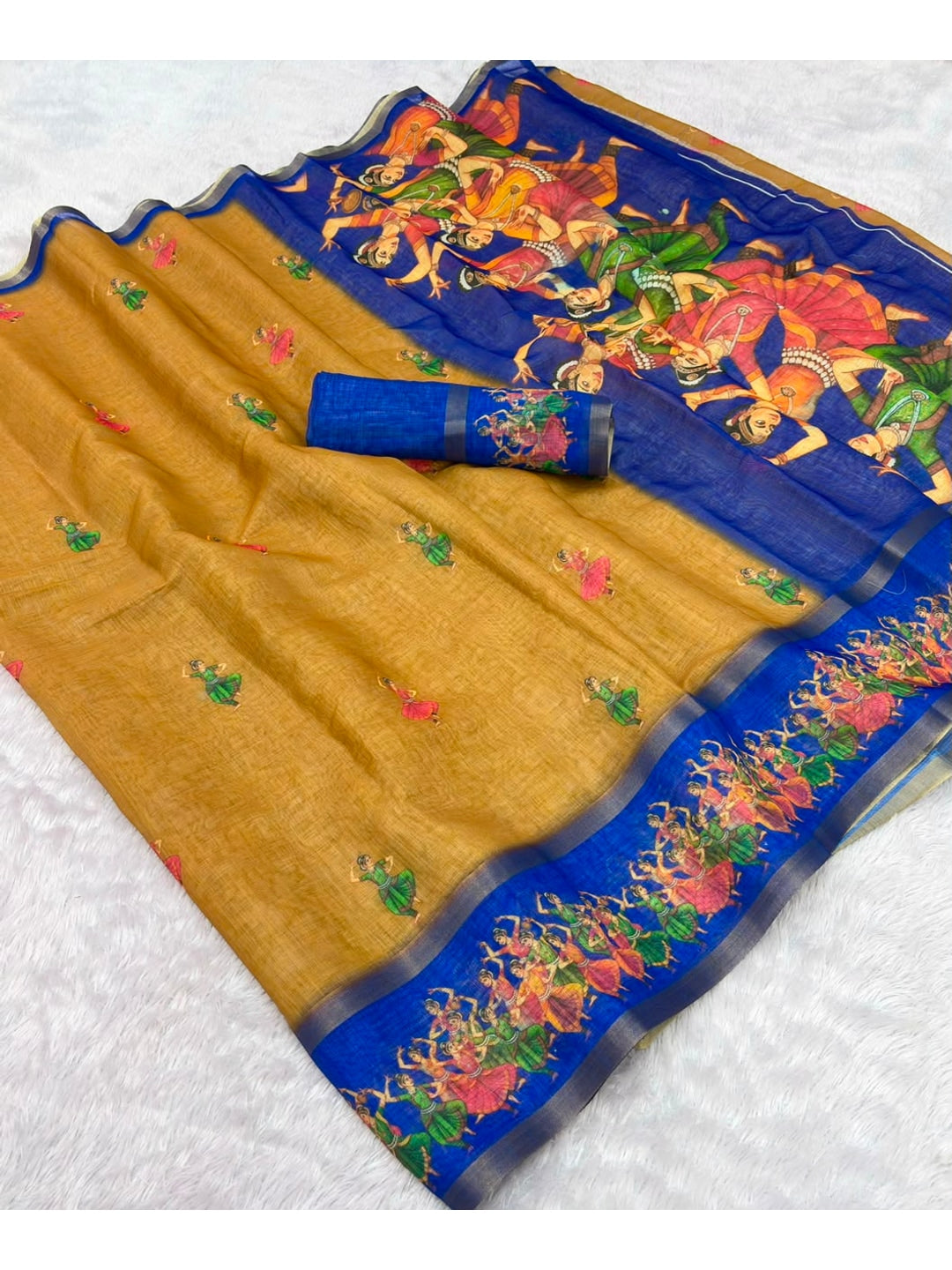 Peachmode Mustard Digital Printed Linen Cotton Saree - Image 5