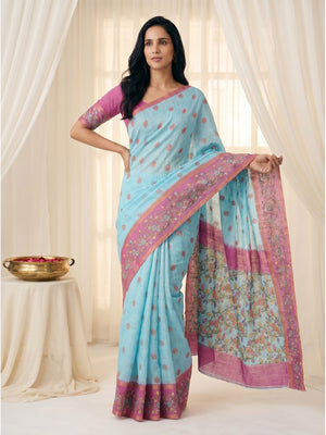 Peachmode Light Blue Floral Printed Linen Cotton Saree - Image 2