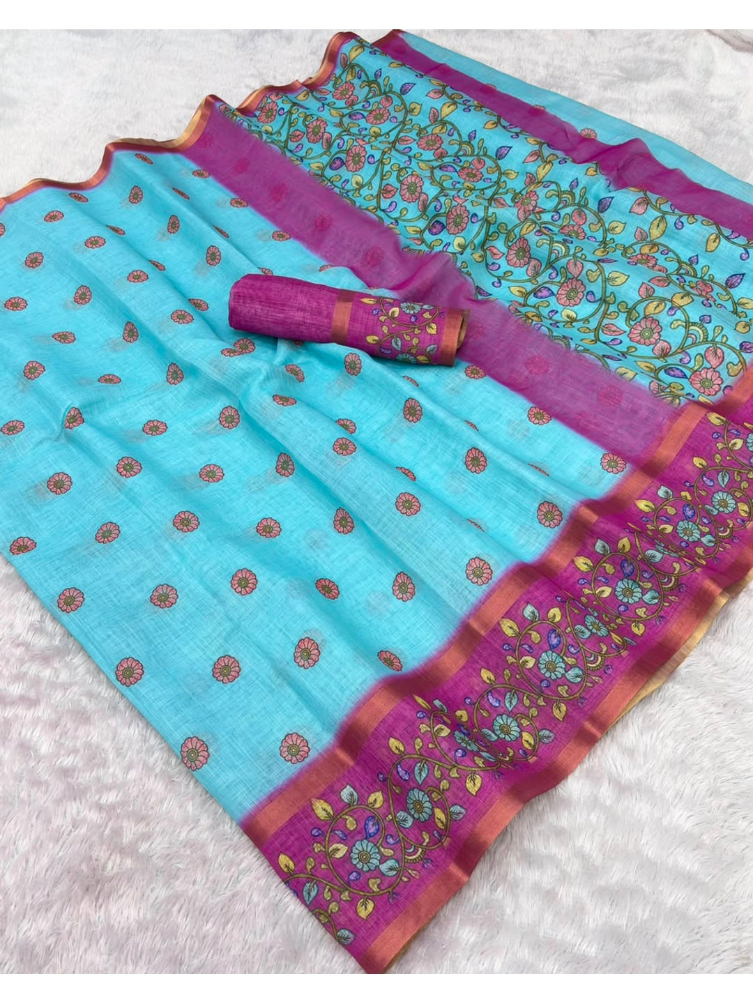 Peachmode Light Blue Floral Printed Linen Cotton Saree - Image 5