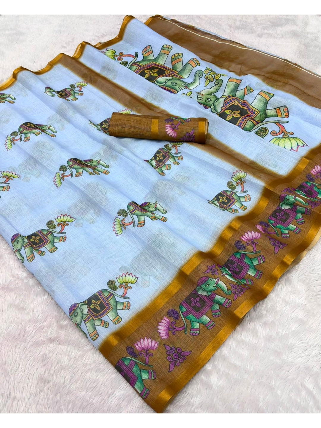 Peachmode Light Blue Elephant Printed Linen Cotton Saree - Image 5