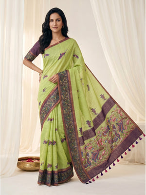 Peachmode Lime Green Peacock Printed Linen Cotton Saree - Image 2