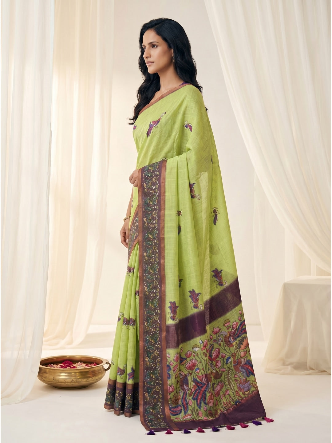 Peachmode Lime Green Peacock Printed Linen Cotton Saree - Image 3