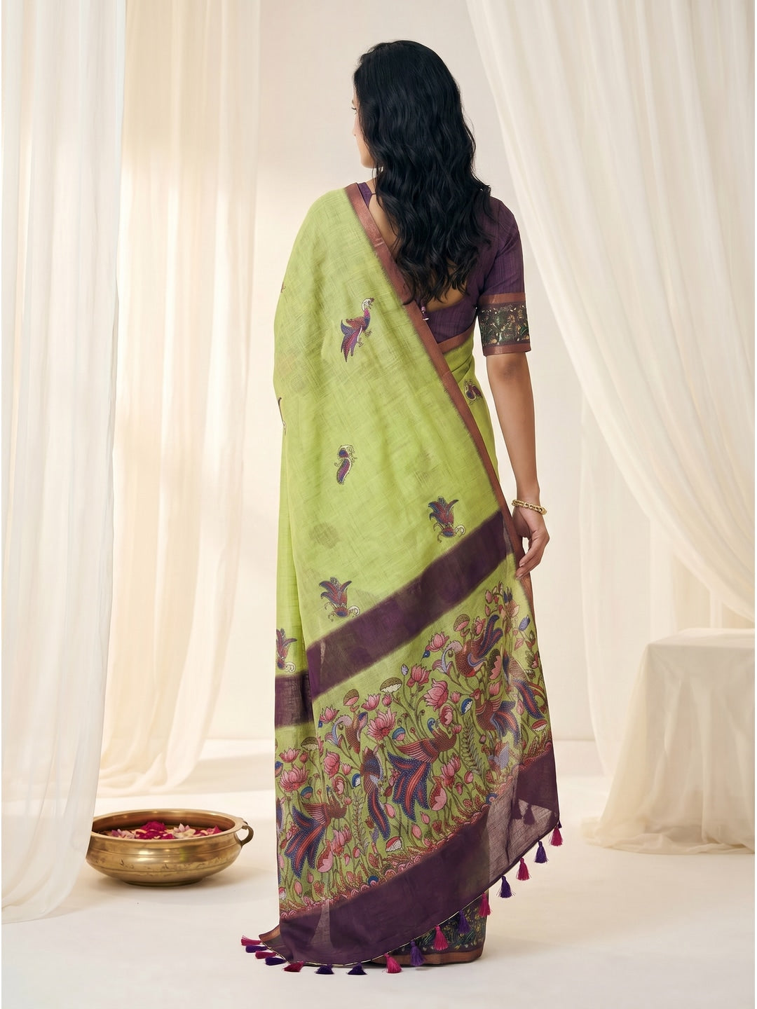 Peachmode Lime Green Peacock Printed Linen Cotton Saree - Image 4