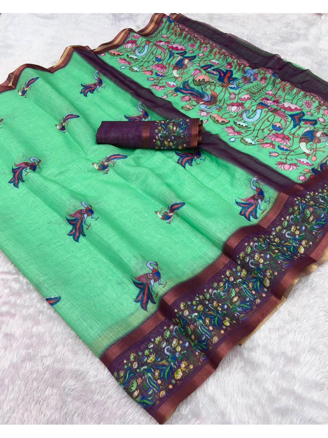Peachmode Lime Green Peacock Printed Linen Cotton Saree - Image 5