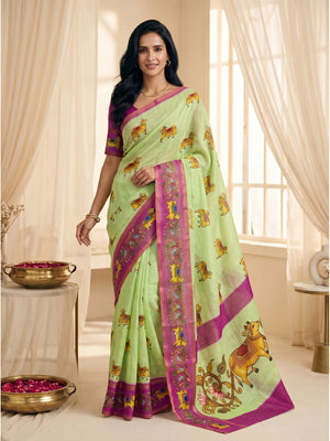 Peachmode Light Green Cow Printed Linen Cotton Saree - Image 2