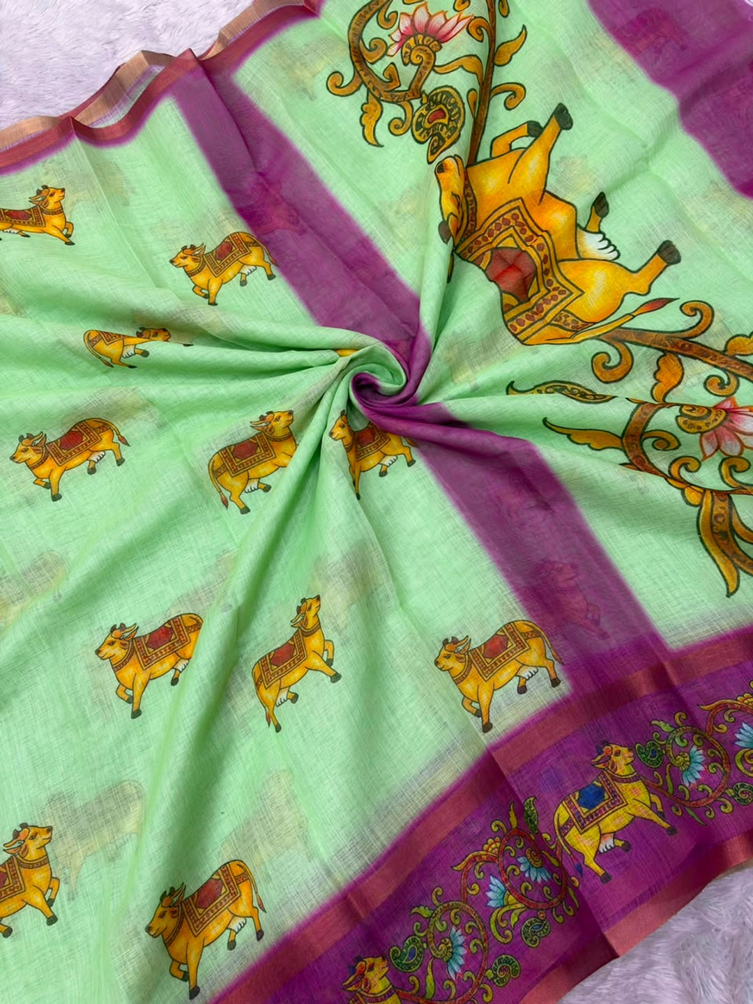 Peachmode Light Green Cow Printed Linen Cotton Saree - Image 5