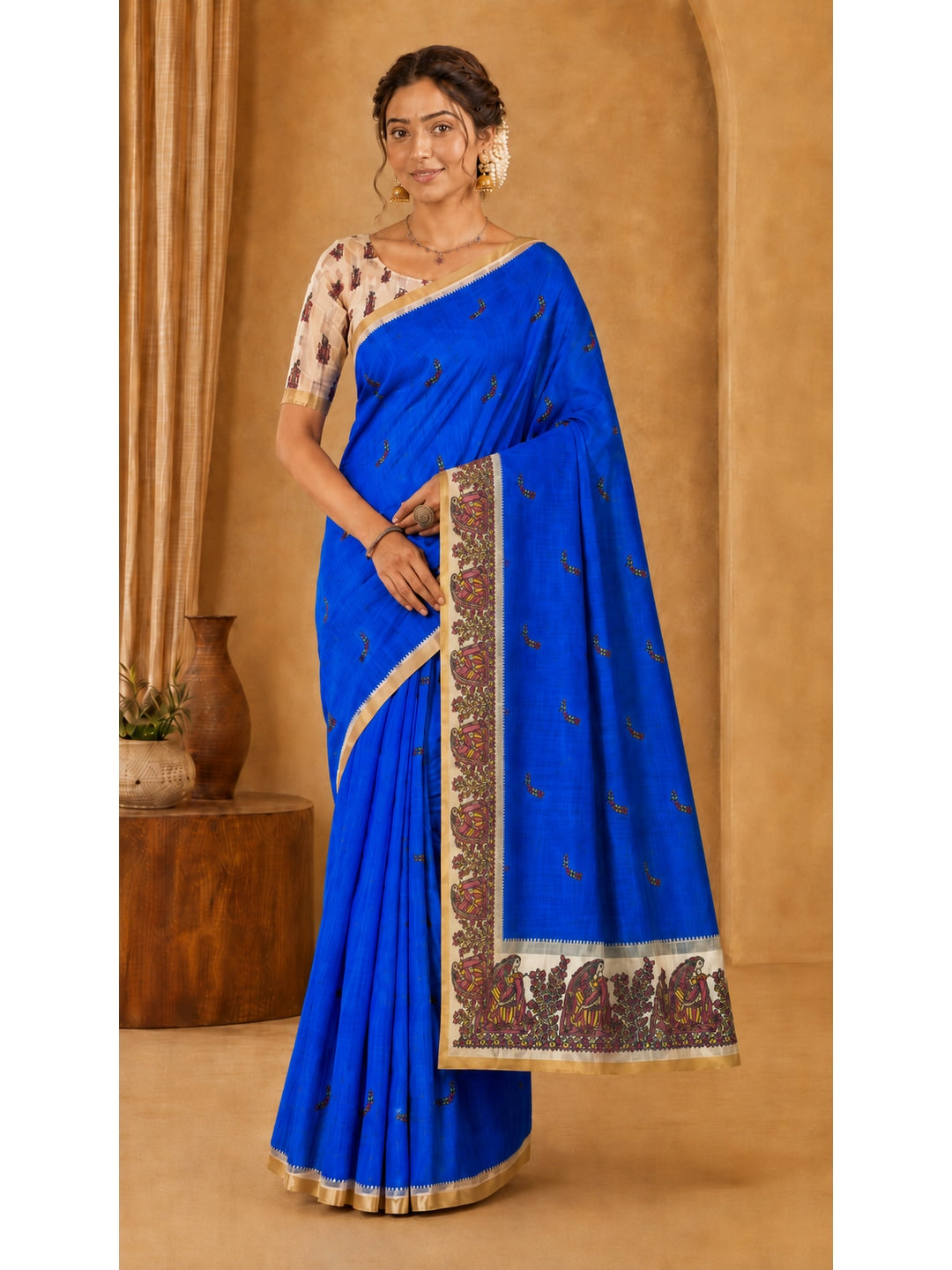 Peachmode Blue Ethnic Printed Linen Cotton Saree - Image 1