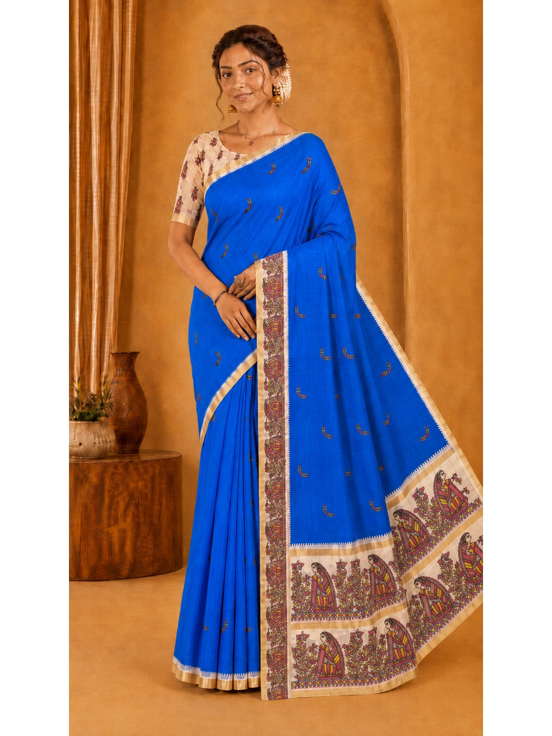 Peachmode Blue Ethnic Printed Linen Cotton Saree - Image 2