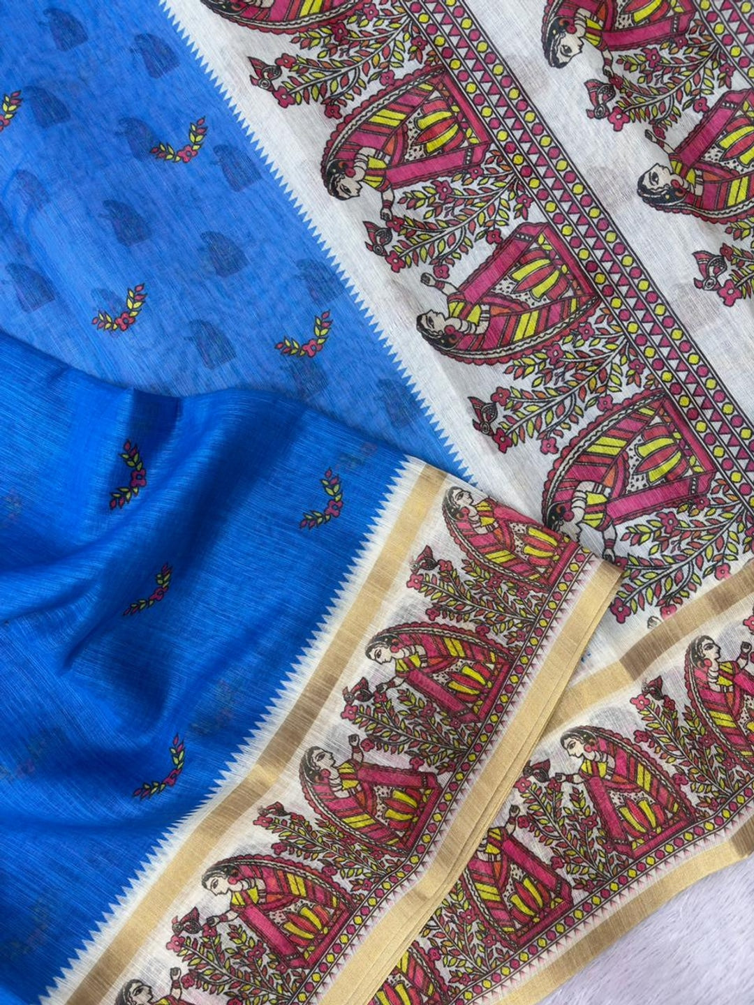 Peachmode Blue Ethnic Printed Linen Cotton Saree - Image 5