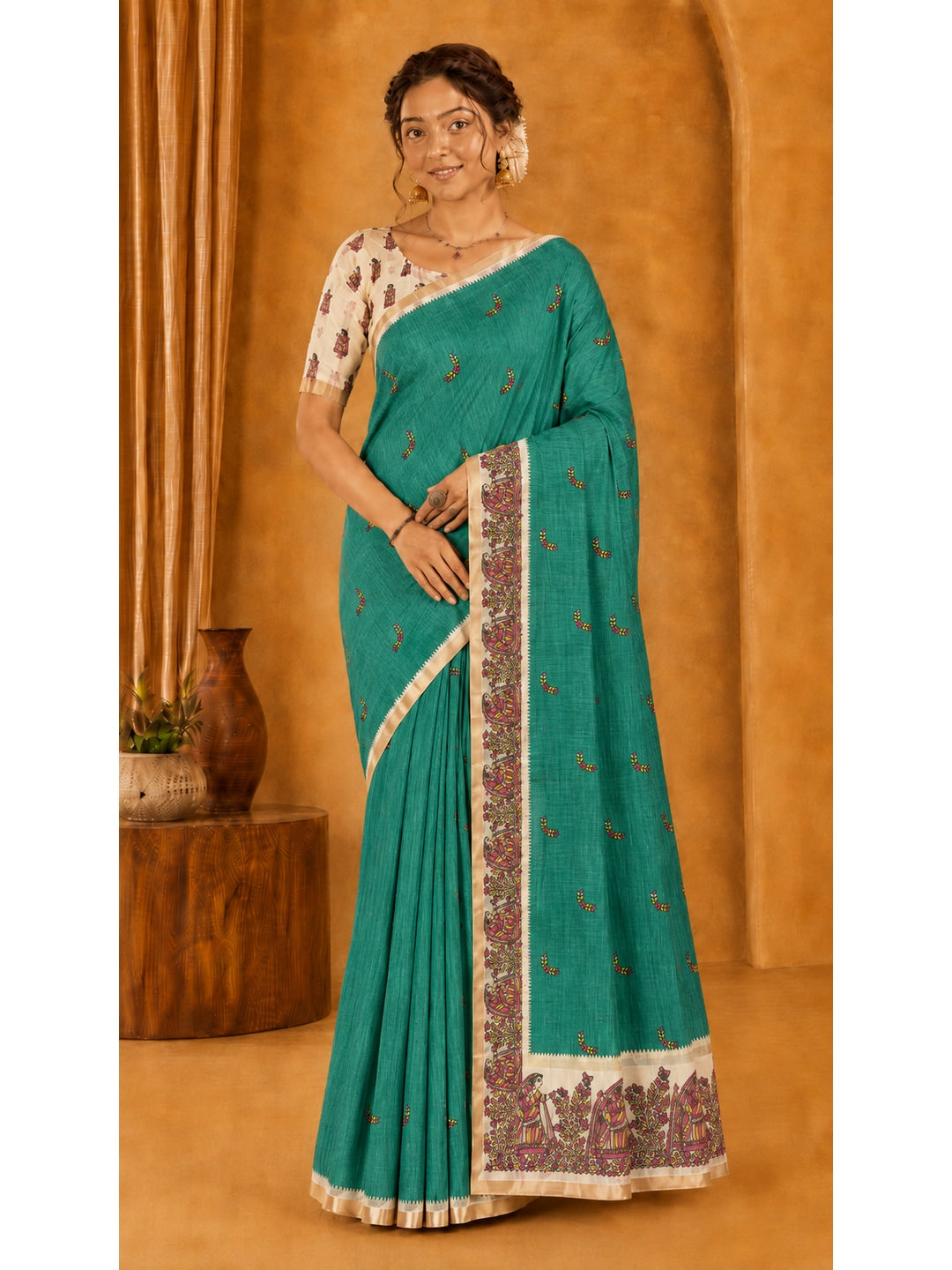 Peachmode Green Ethnic Printed Linen Cotton Saree - Image 1