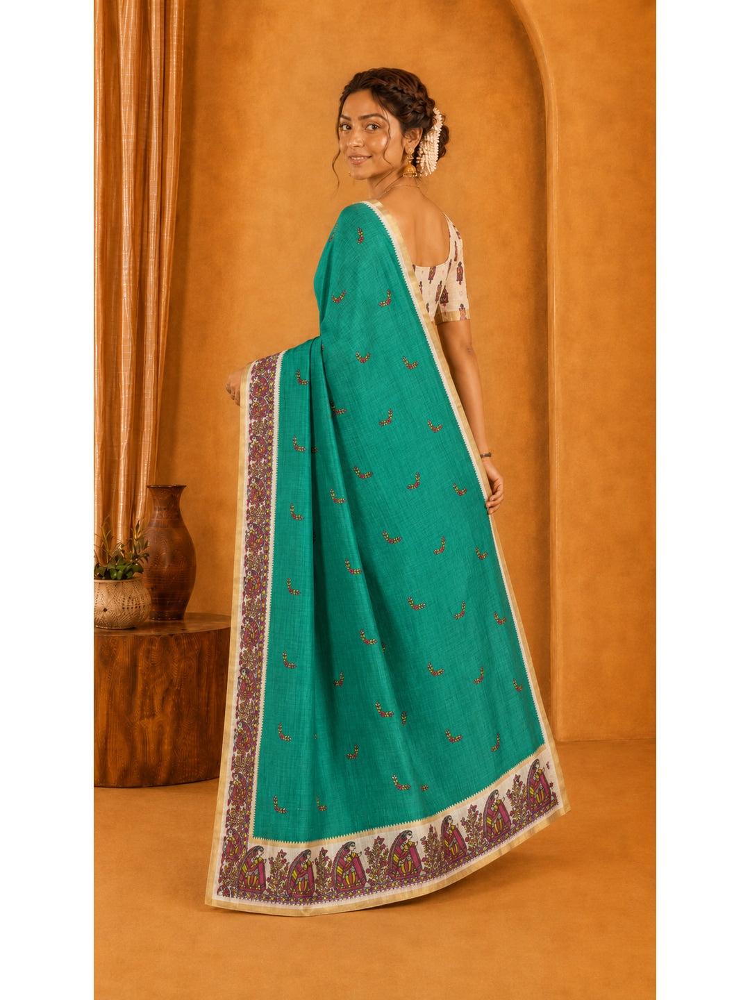 Peachmode Green Ethnic Printed Linen Cotton Saree - Image 3