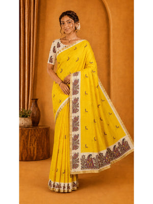 Peachmode Yellow Ethnic Printed Linen Cotton Saree - Image 2