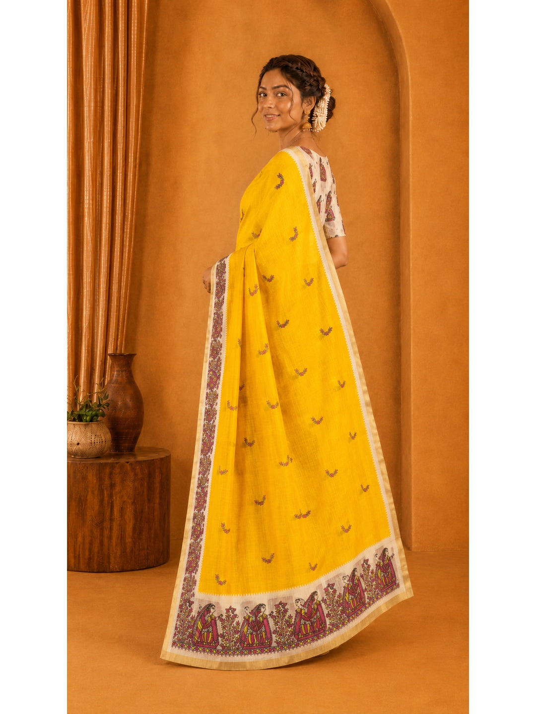 Peachmode Yellow Ethnic Printed Linen Cotton Saree - Image 3