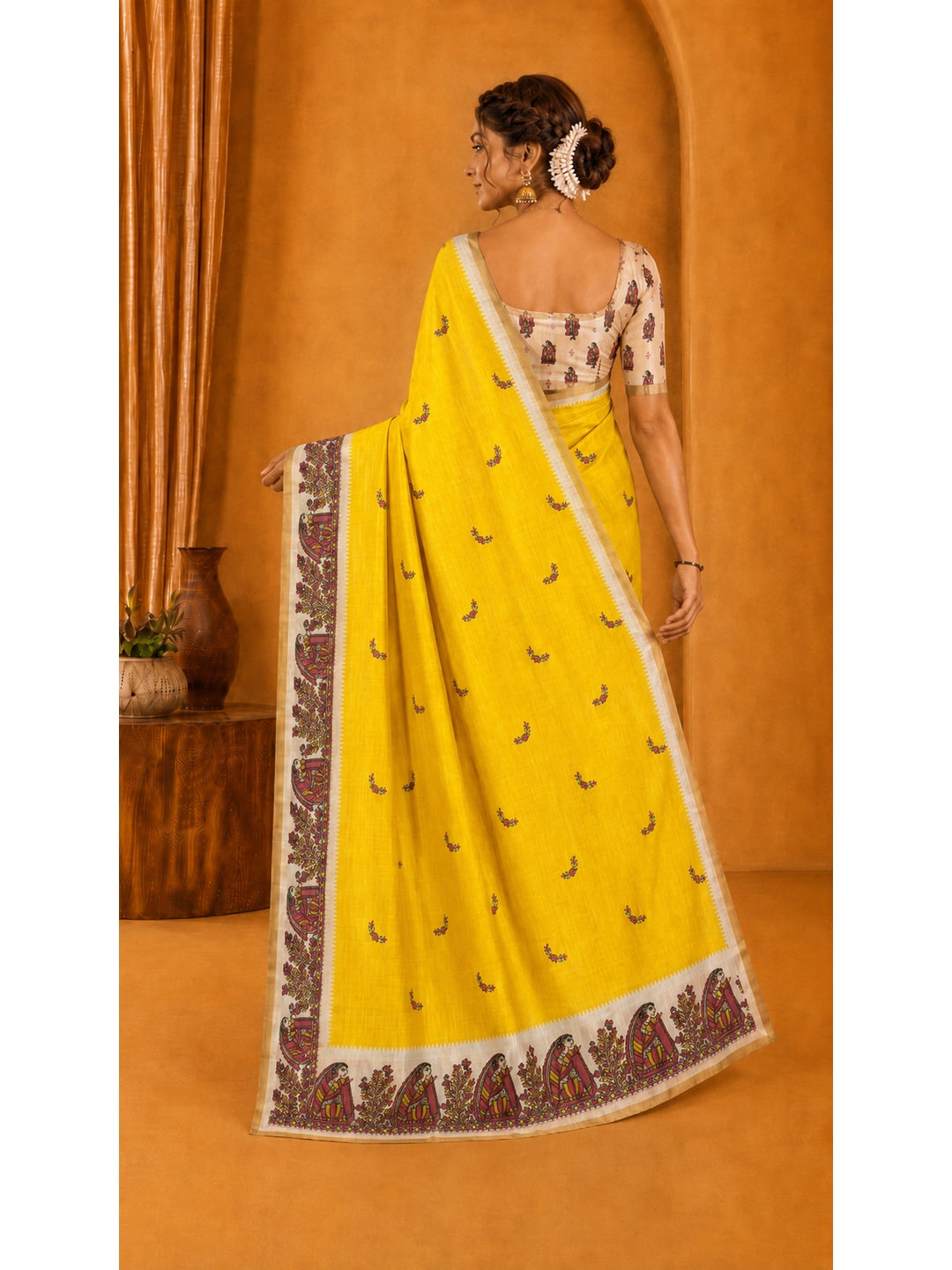 Peachmode Yellow Ethnic Printed Linen Cotton Saree - Image 4