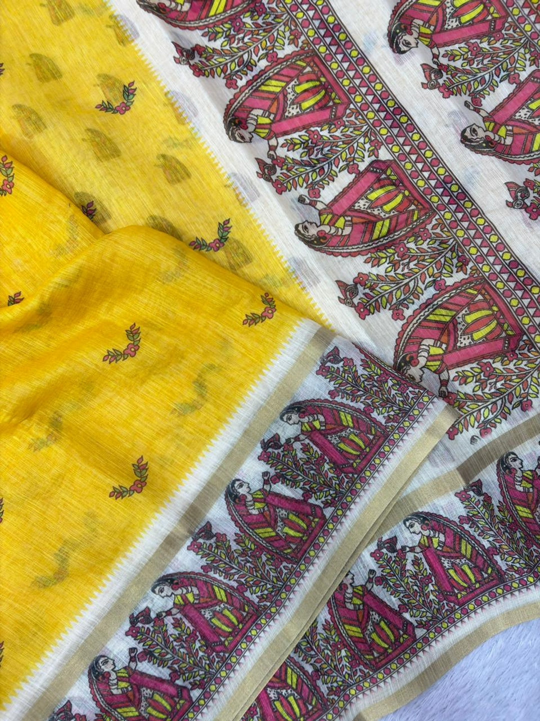 Peachmode Yellow Ethnic Printed Linen Cotton Saree - Image 5