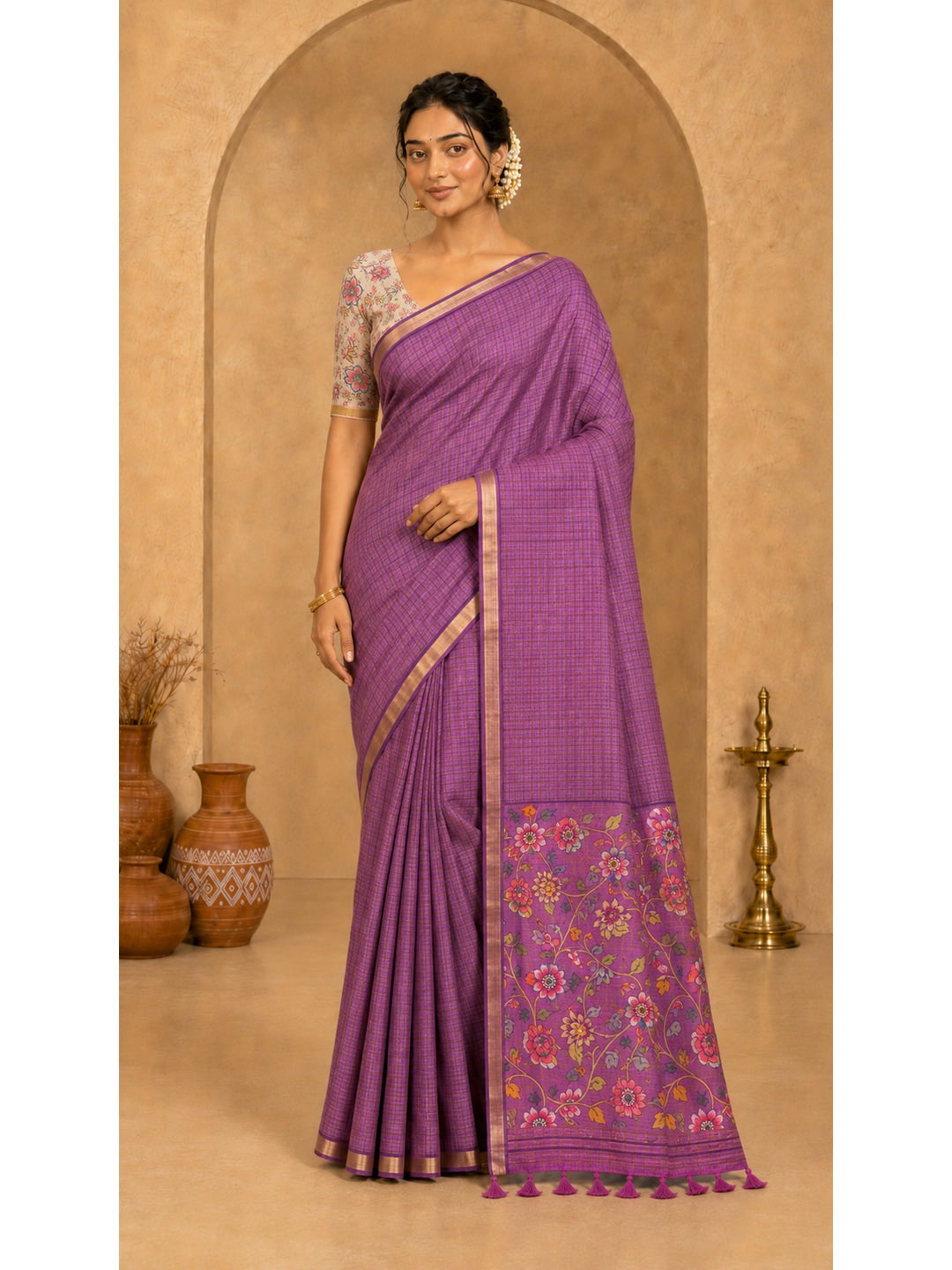 Peachmode Onion Pink Digital Printed Linen Cotton Saree - Image 1
