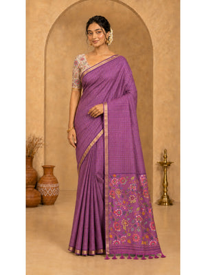 Peachmode Onion Pink Digital Printed Linen Cotton Saree - Image 1