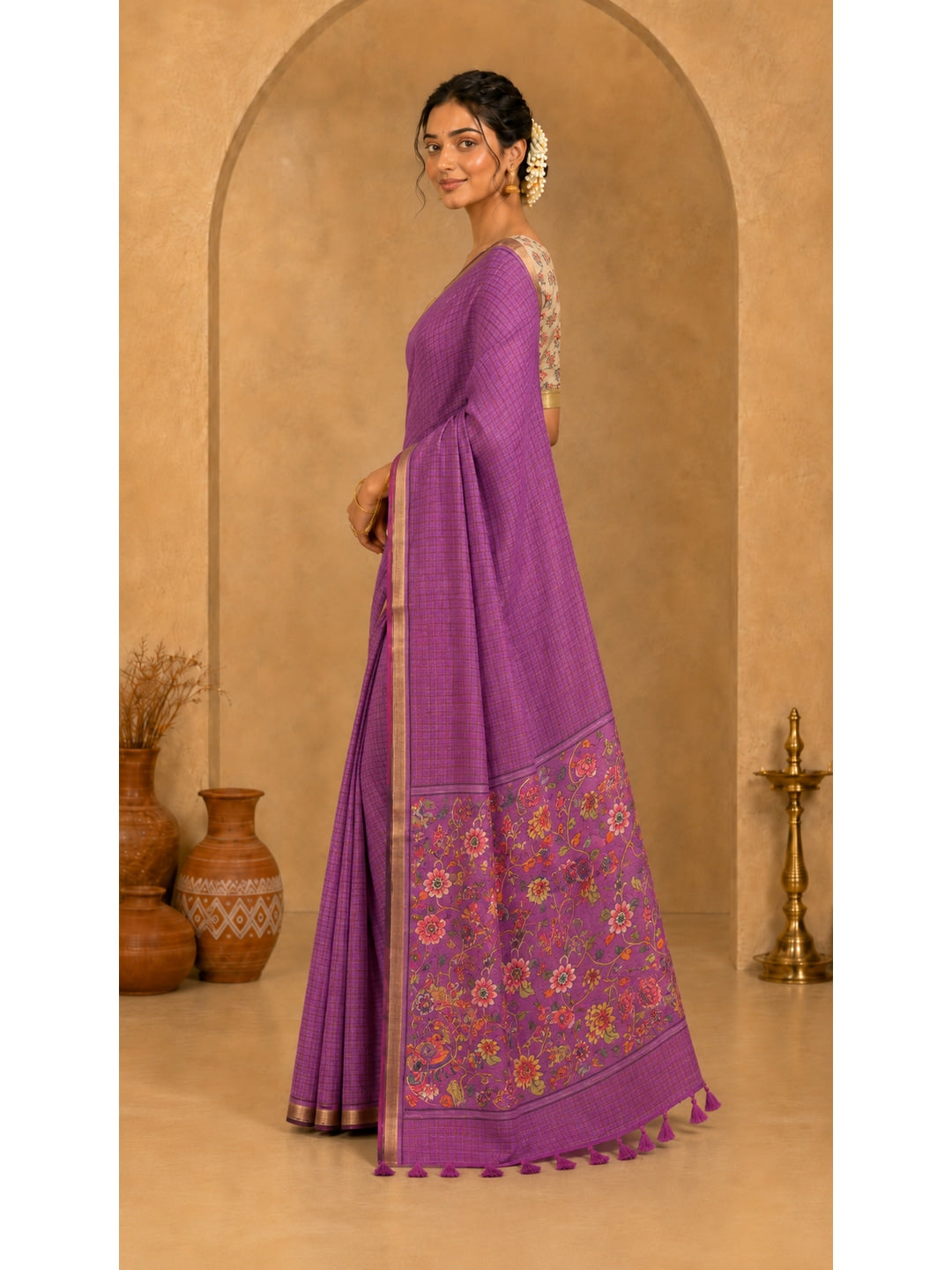 Peachmode Onion Pink Digital Printed Linen Cotton Saree - Image 3