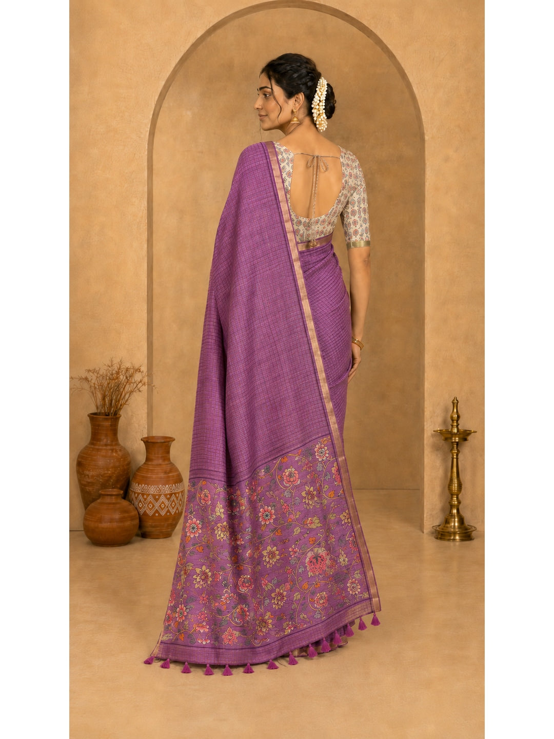 Peachmode Onion Pink Digital Printed Linen Cotton Saree - Image 4