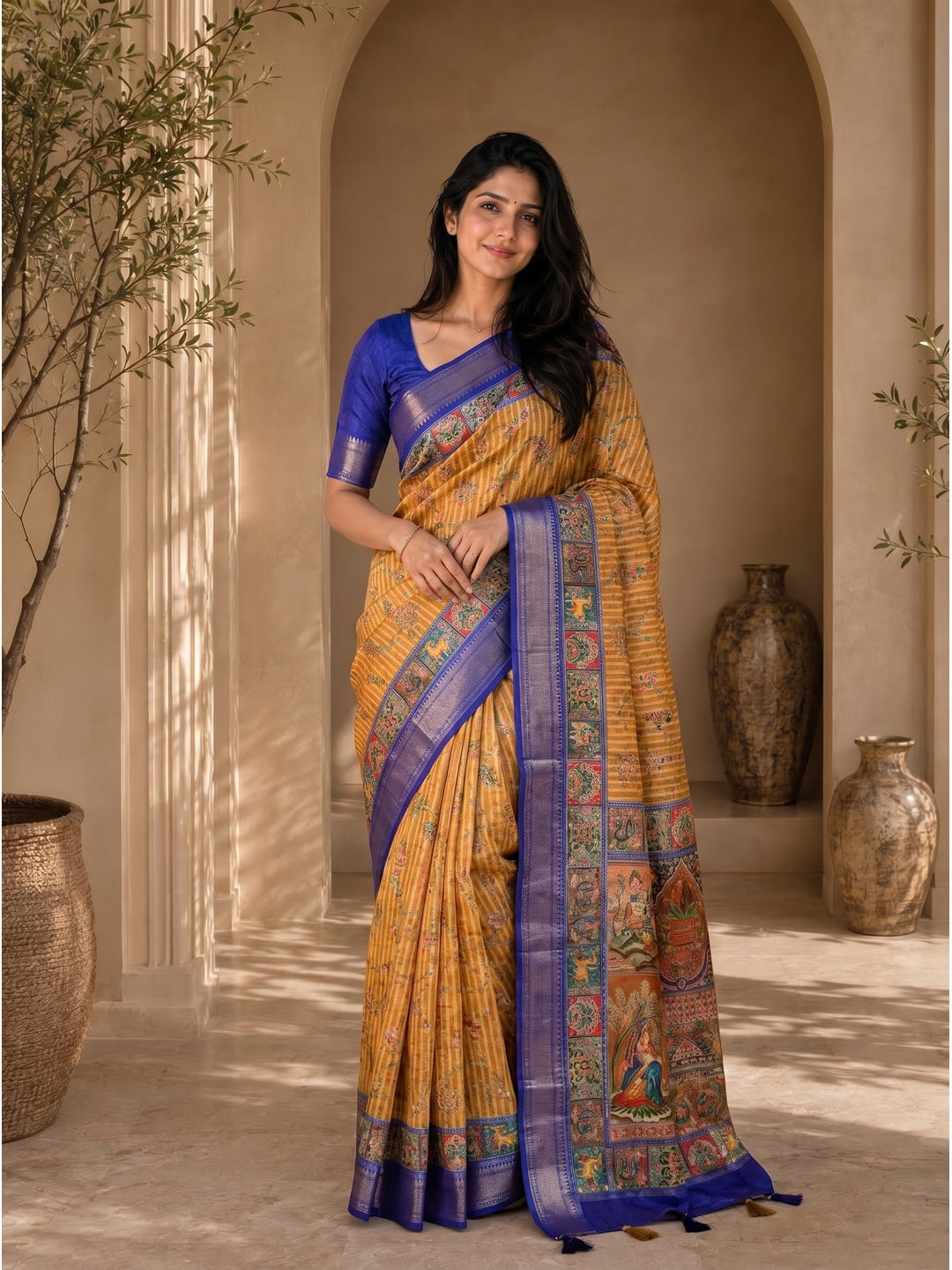 Peachmode Mustard Dola Silk Position Digital Print Saree - Image 1
