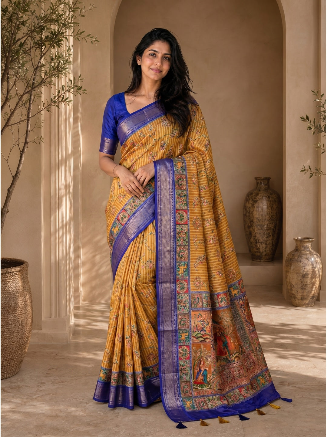 Peachmode Mustard Dola Silk Position Digital Print Saree - Image 2