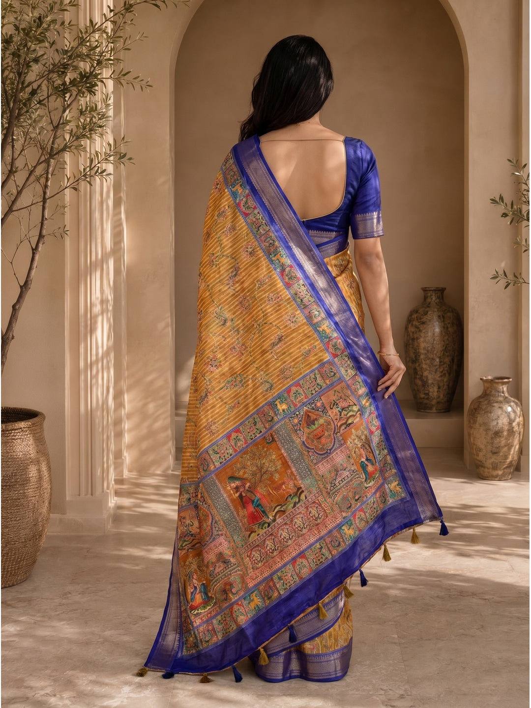 Peachmode Mustard Dola Silk Position Digital Print Saree - Image 3
